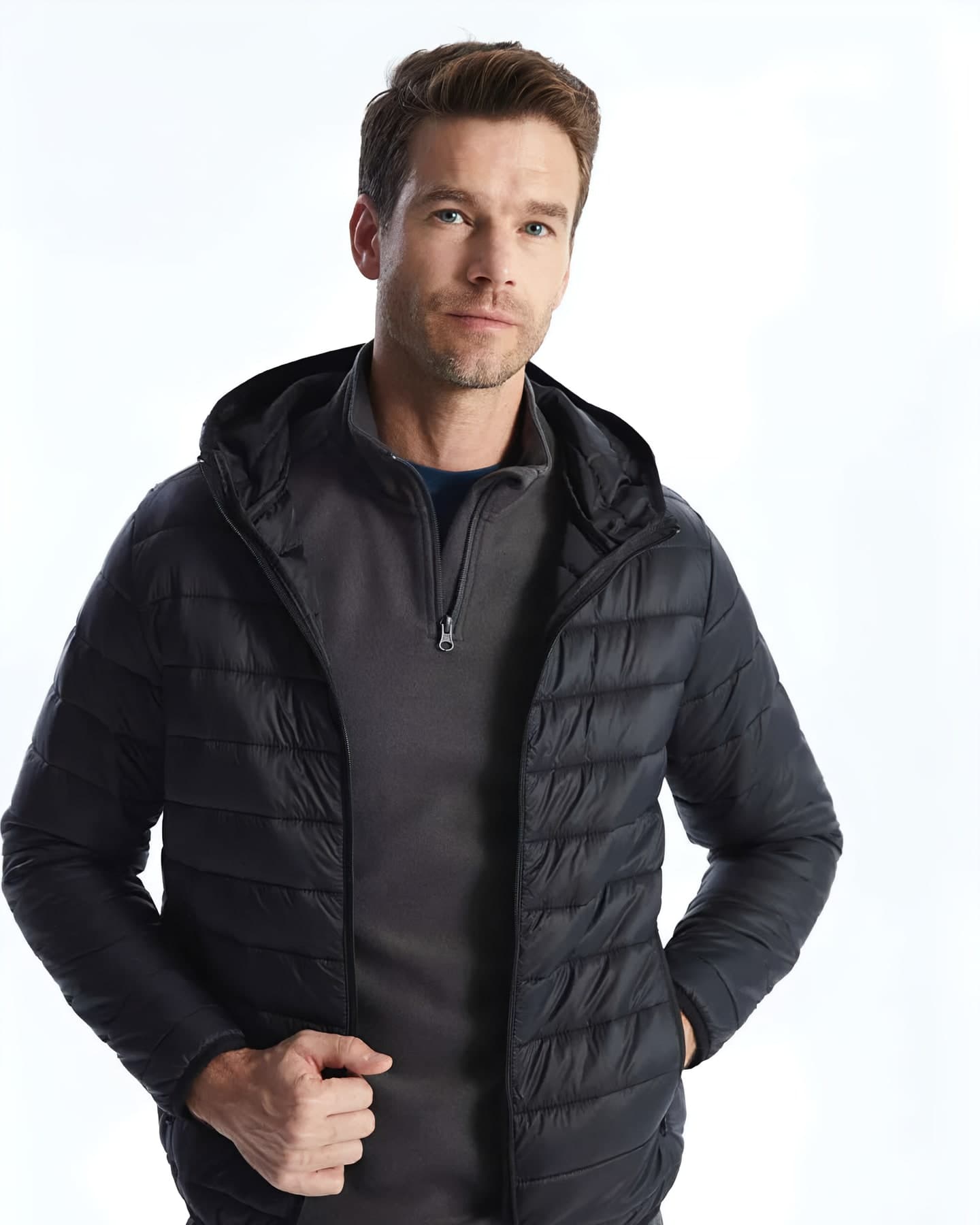 Black Hooded Puffer Jacket — front view