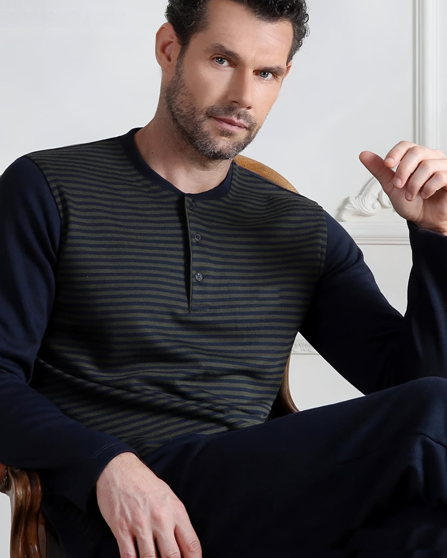 Striped Henley Pajama Set — Olive & Navy Stripe