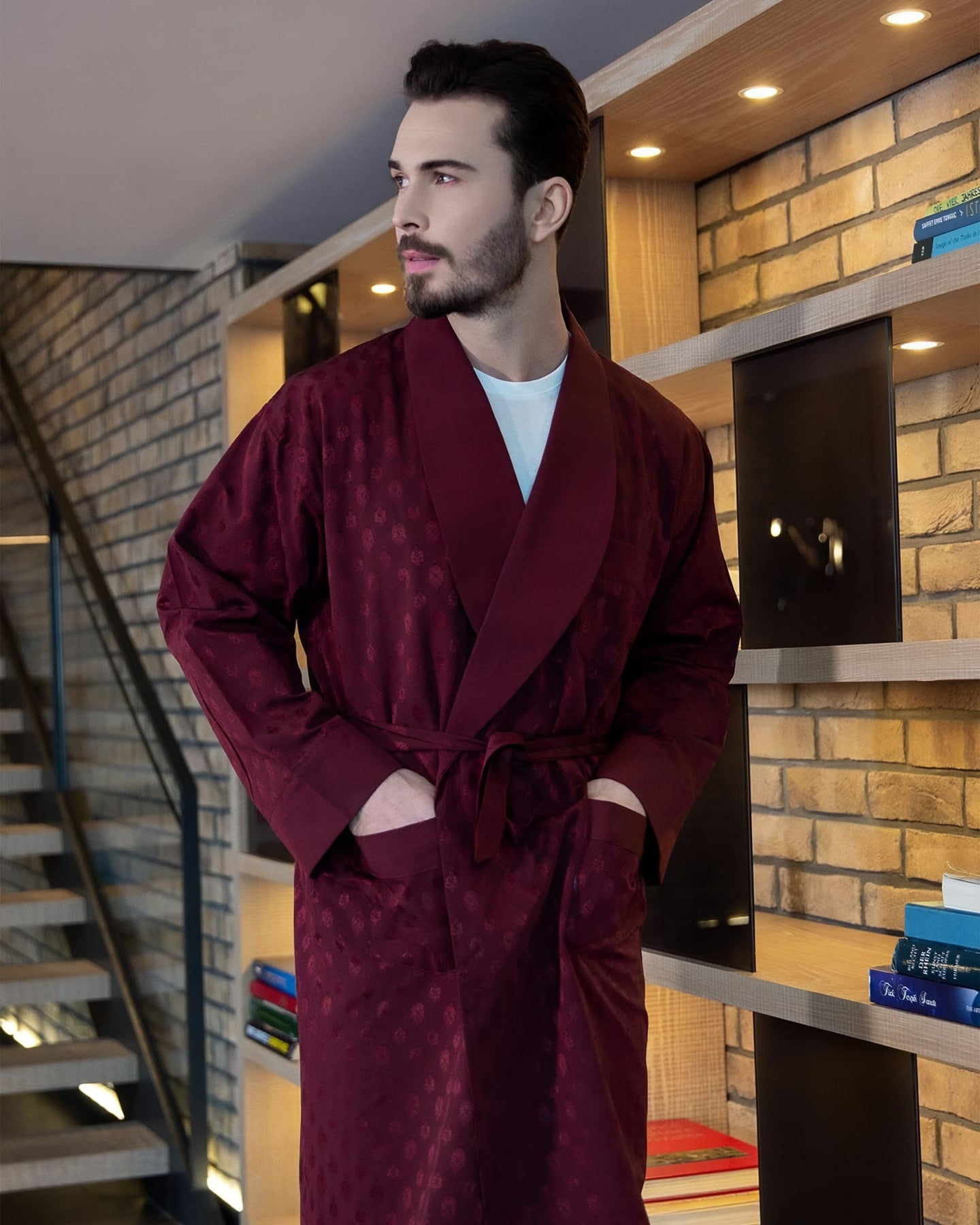 Jacquard Shawl-Collar Robe — Burgundy