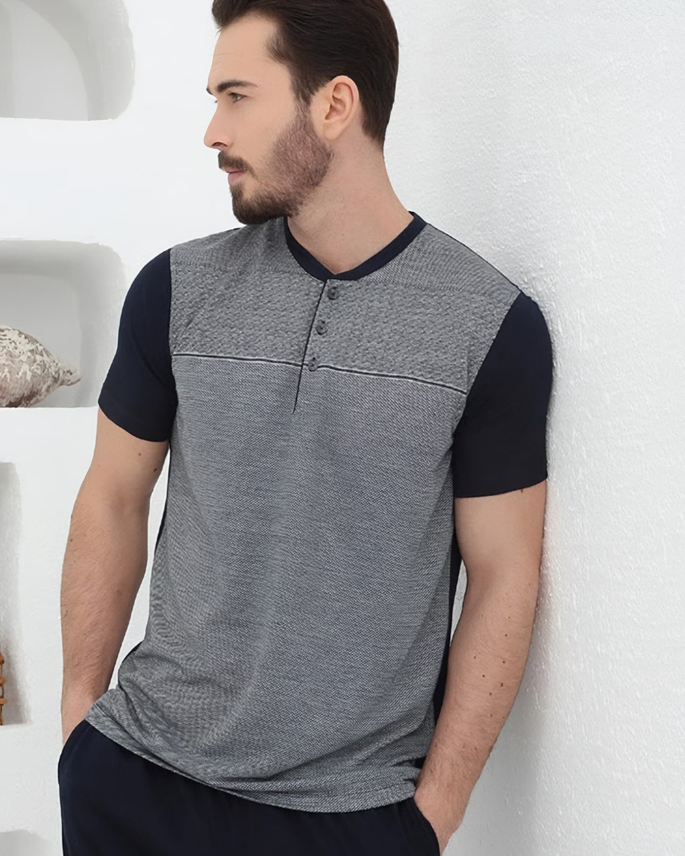 Short-Sleeve Henley Pajama Set — Grey & Navy