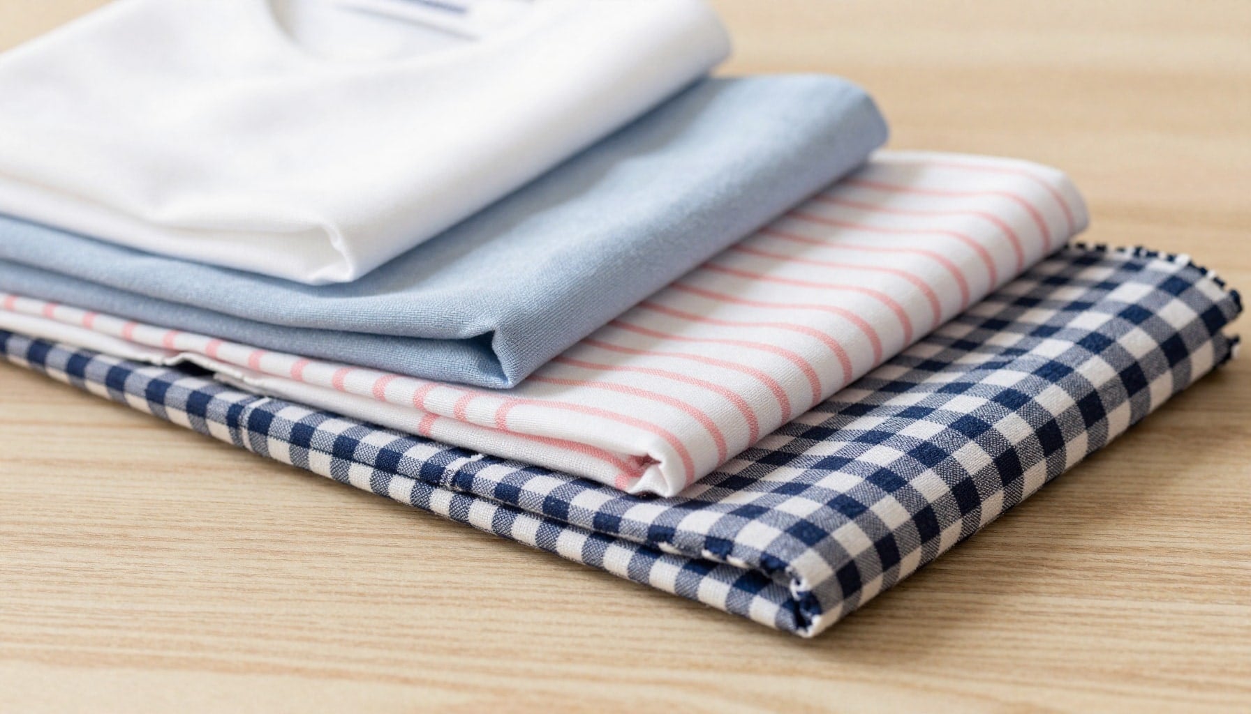 Folded shirting cloths: white, light blue, pink stripe and navy check
