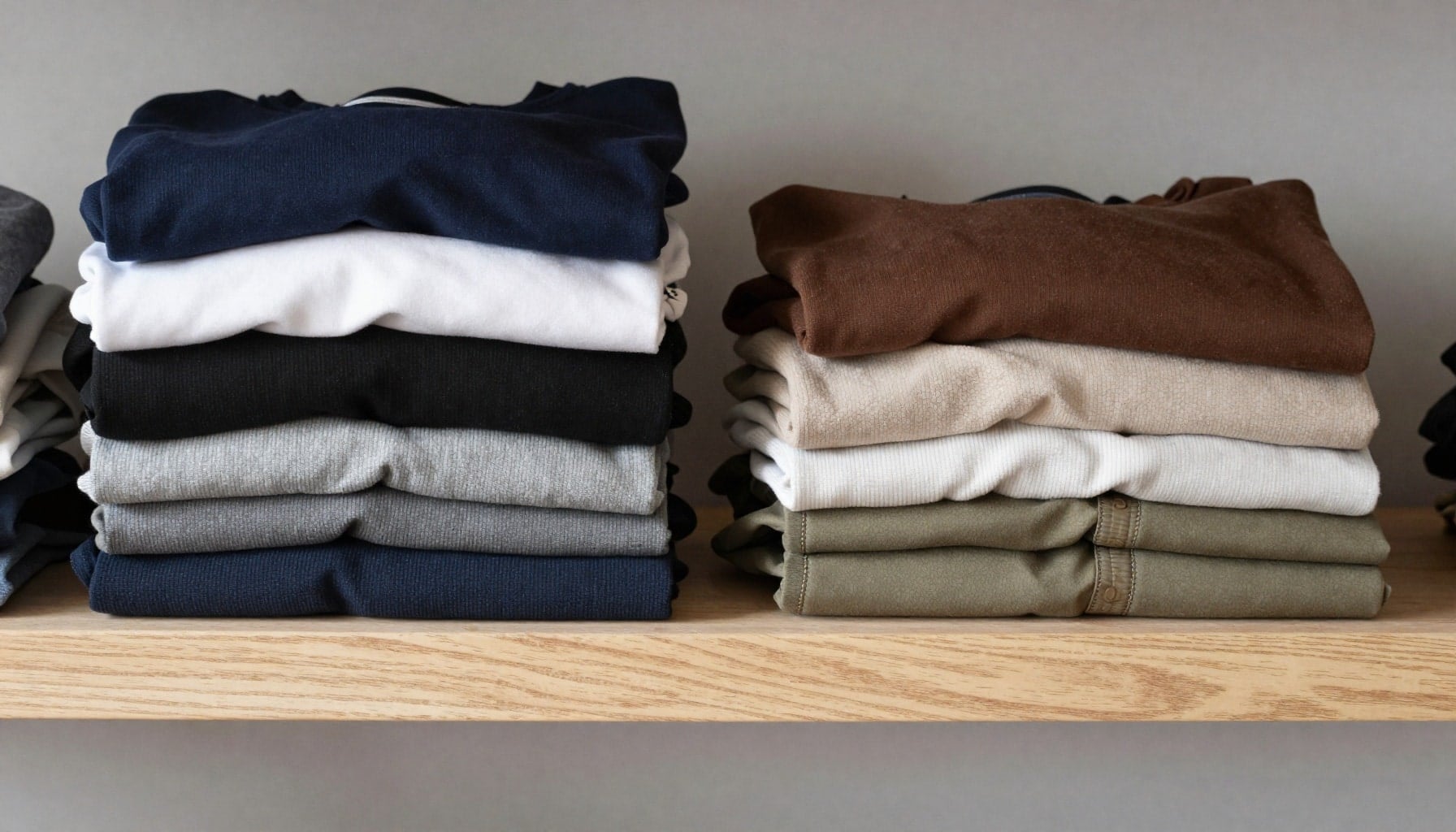 Garments in the TOM CORS colour palette folded on a shelf