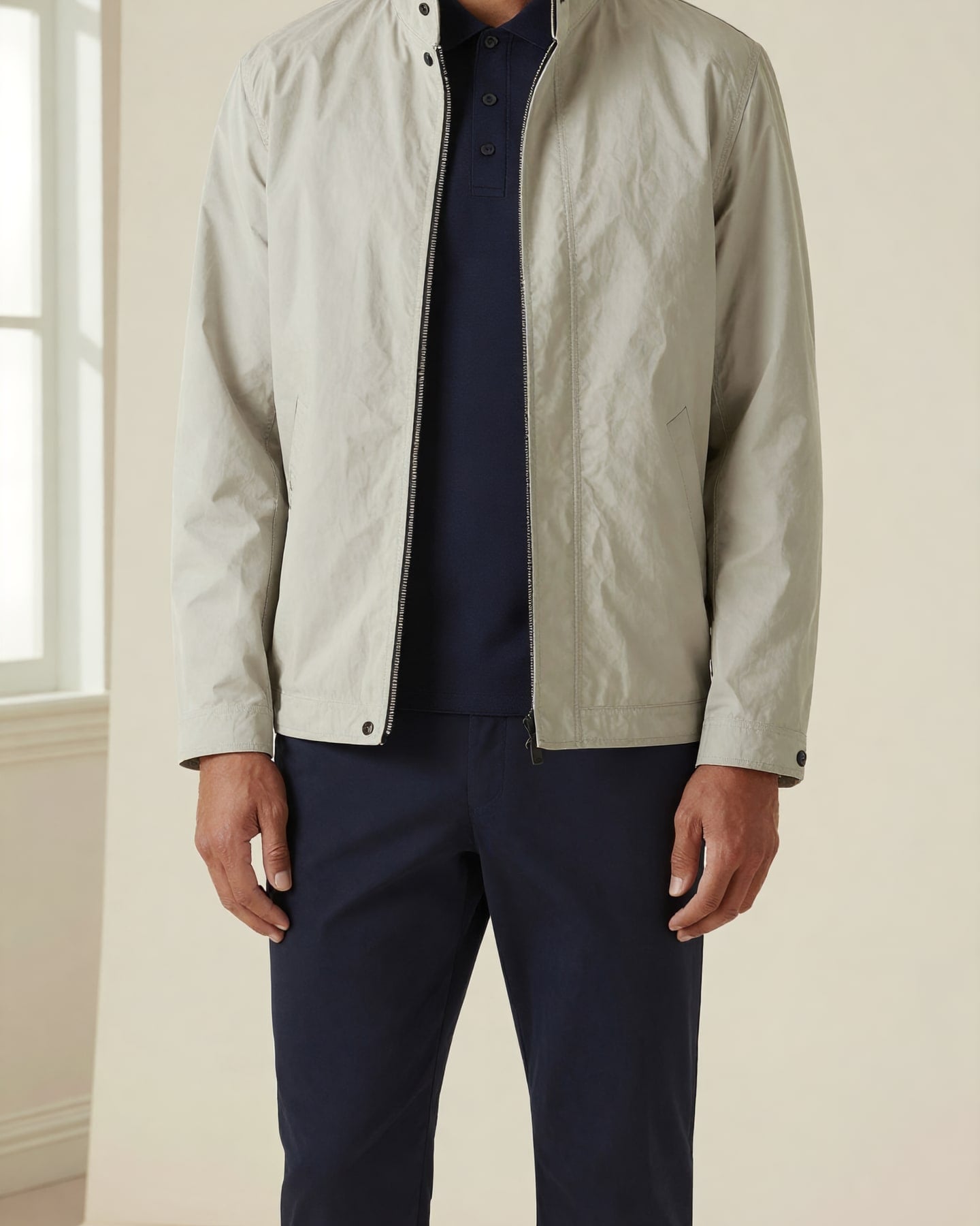 Stand-Collar Zip Jacket — on model