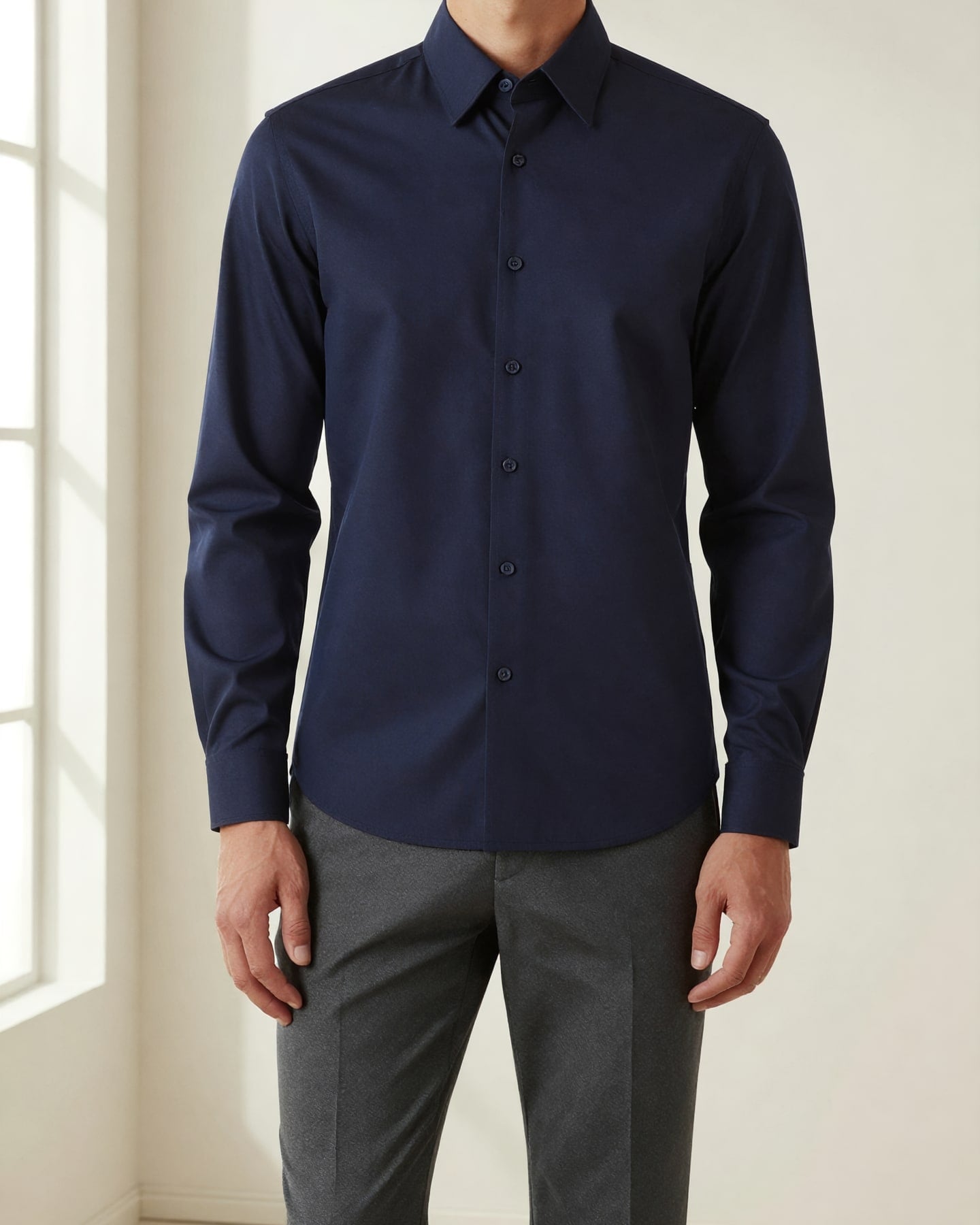 Italian-Collar Slim Shirt — on model