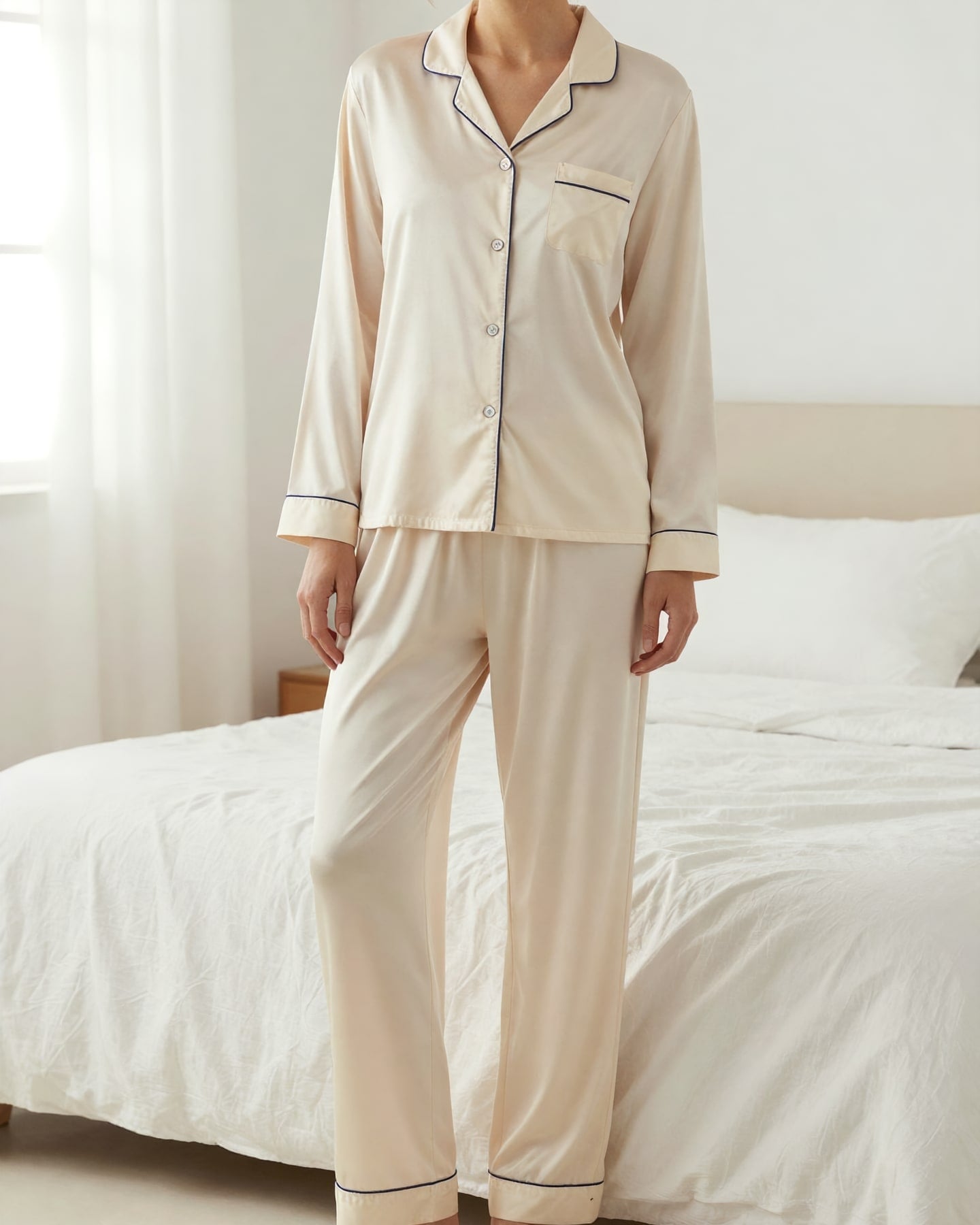 Kadın Pamuk Saten Pijama Takımı — model üzerinde