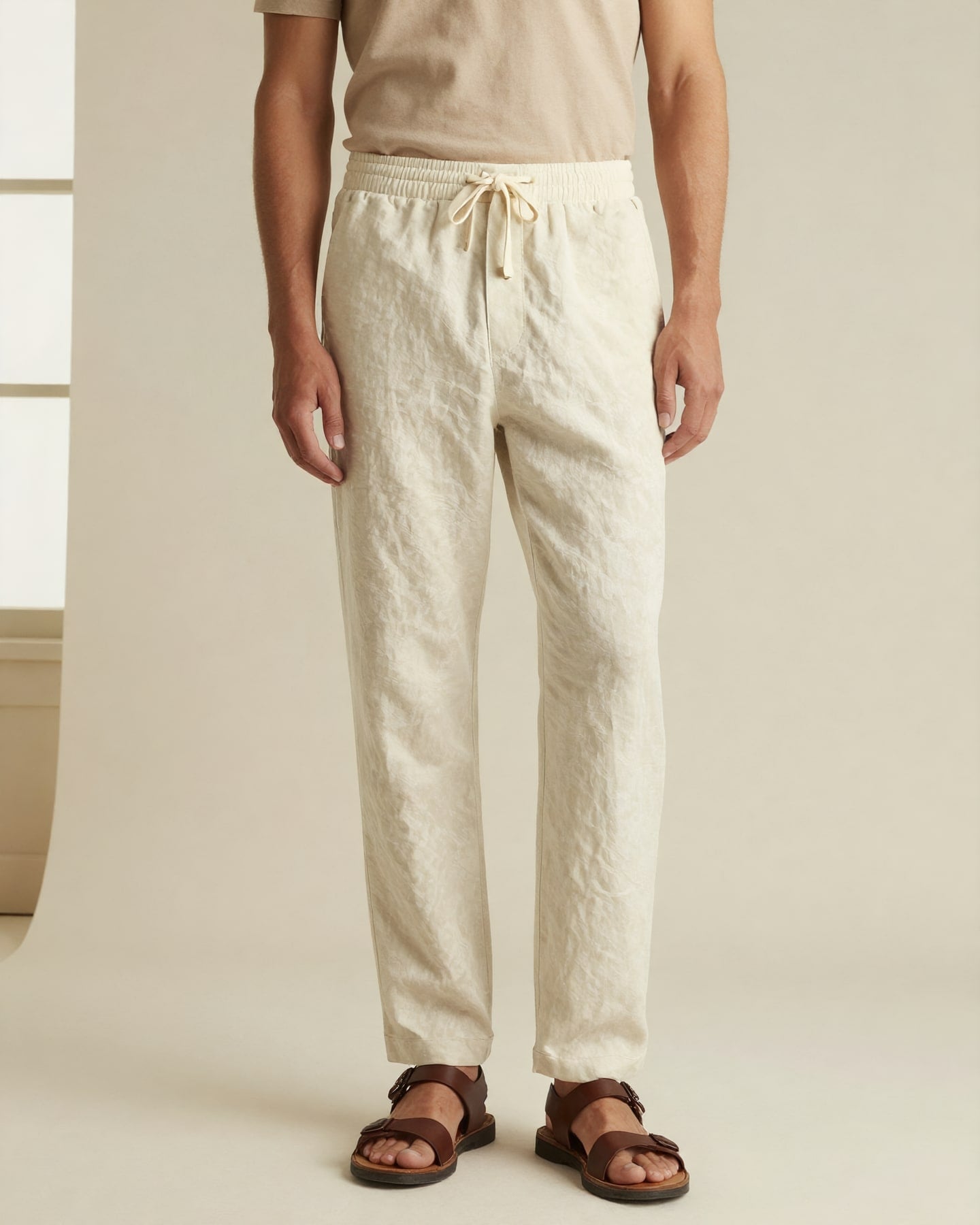 Linen Drawstring Trousers — on model