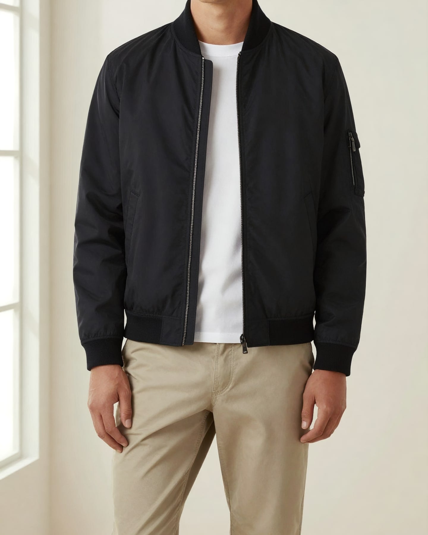 Minimal Bomber Ceket — model üzerinde