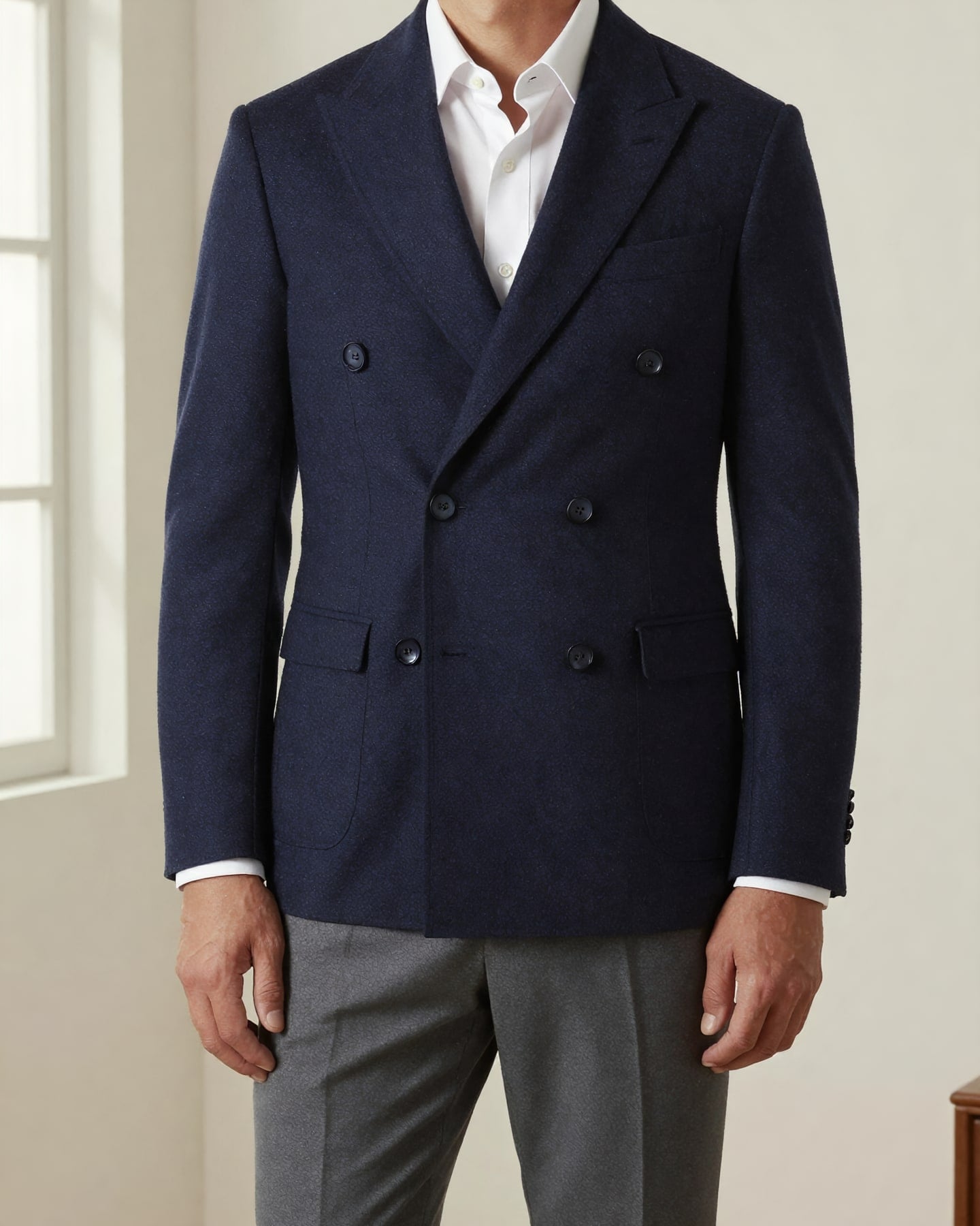 Peak-Lapel Double-Breasted Blazer — on model