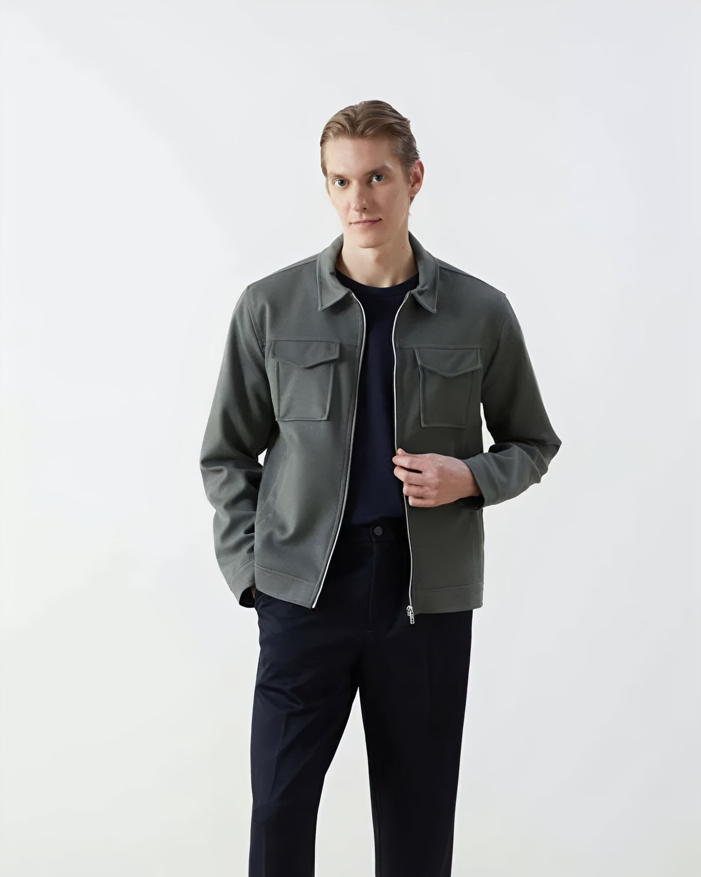 Khaki Utility Shirt Jacket — front view