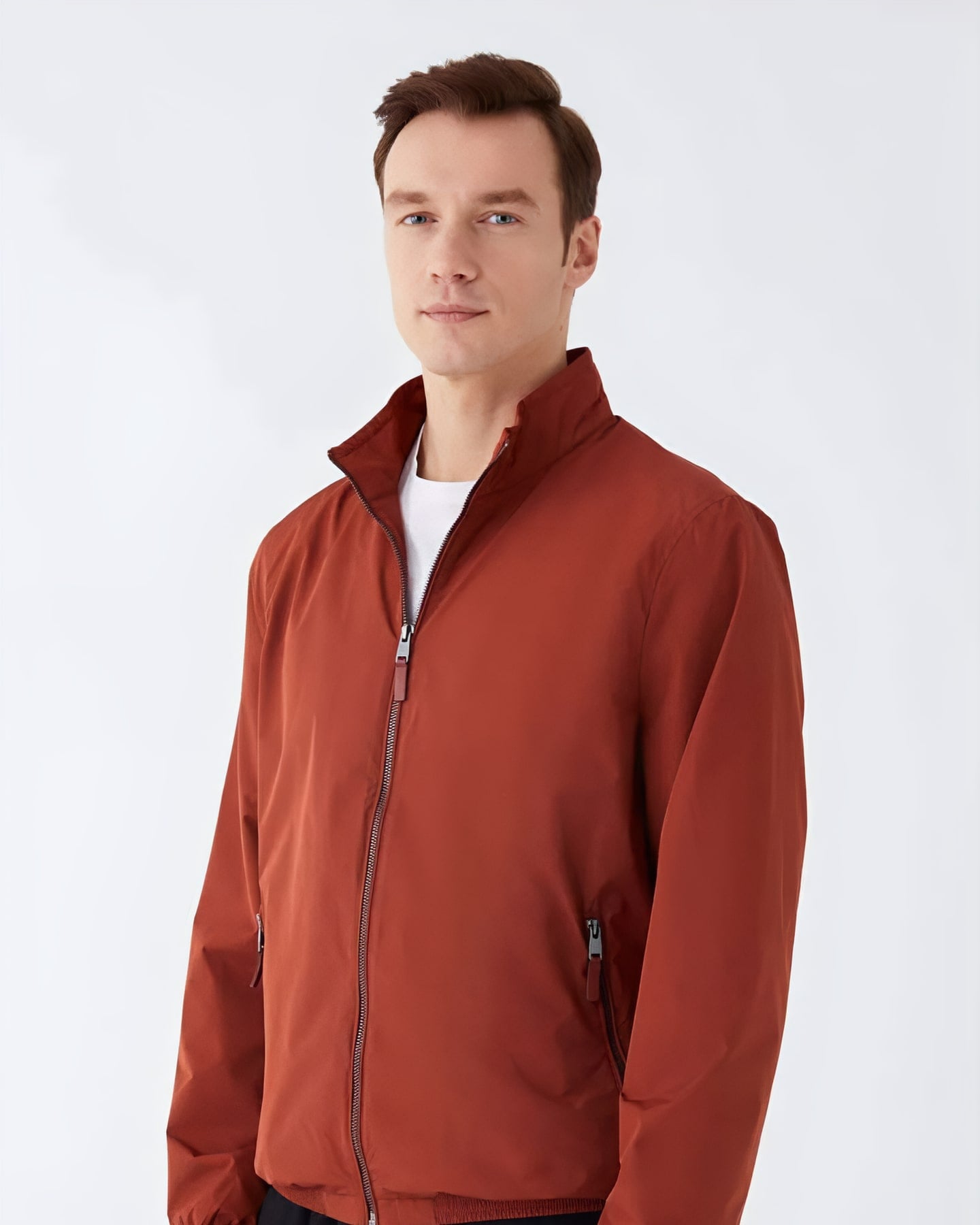 Terracotta Lightweight Stand-Collar Jacket — front view