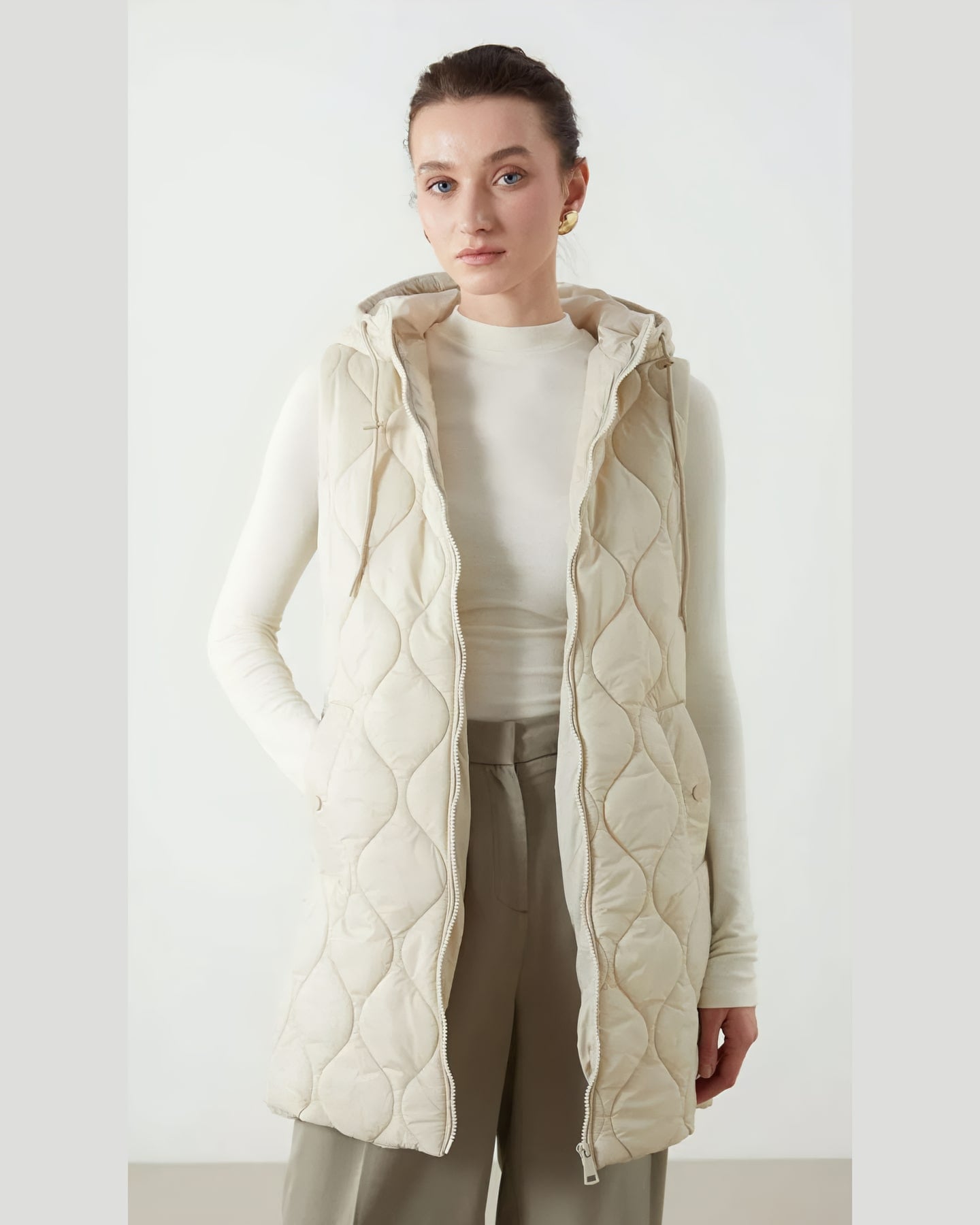 Ecru Hooded Long Gilet — front view