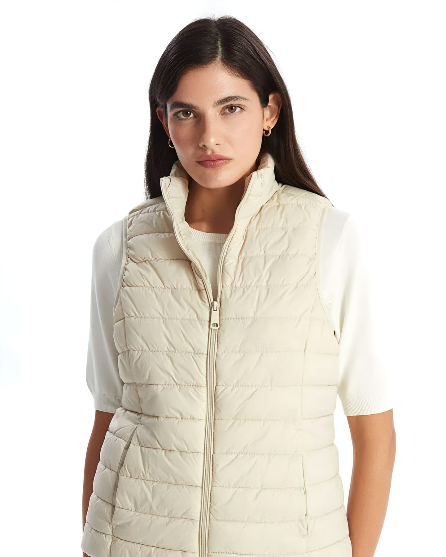 Ecru Stand-Collar Puffer Gilet — front view