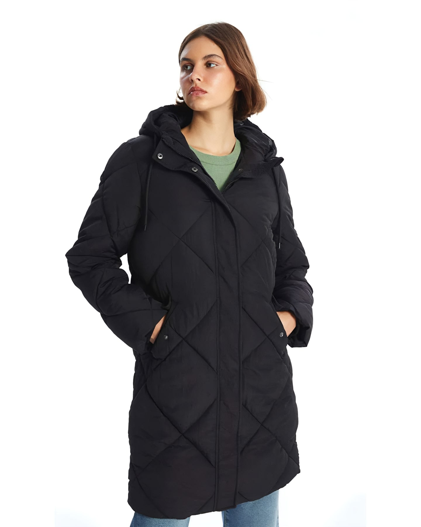 Black Long Quilted Coat — front view