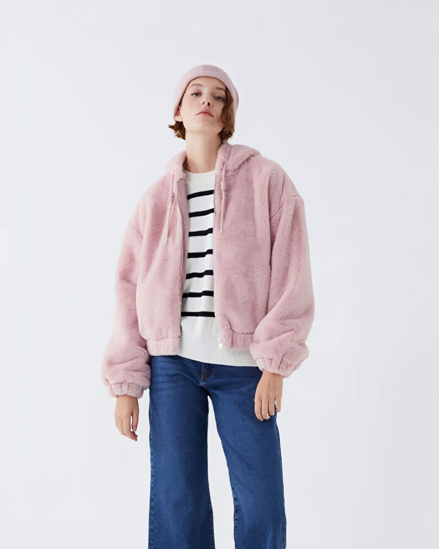 Pembe Peluş Kapüşonlu Ceket — ön görünüm